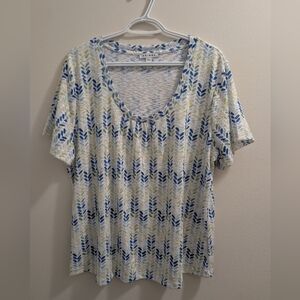 Tribal Blue Green Abstract Leaf Stretch Knit Top Short Sleeve Scoop Neck XL